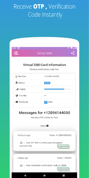 Temp SMS - Temporary Numbers Captura de pantalla 3