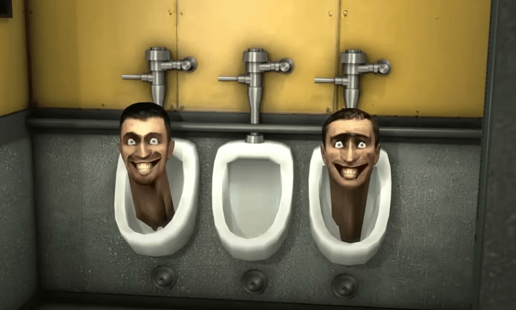 Heads emerging from a urinal in a *Skibidi Toilet* scene, image from ShiinaBR's Twitter announcement of the *Fortnite* skins.
