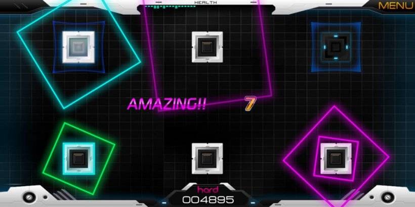 Gameplay von Rhythmussteuerung 2 mit Tipps auf sechs verschiedene Knoten mit langsamen Kreisen, die sich auf diese Knoten einfügen