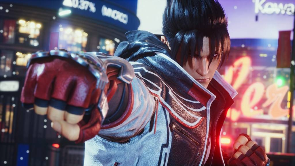 Imej Jin, seorang pejuang lelaki dengan sarung tangan tinju merah dan rambut hitam, bersiap untuk berperang di Tekken 8.