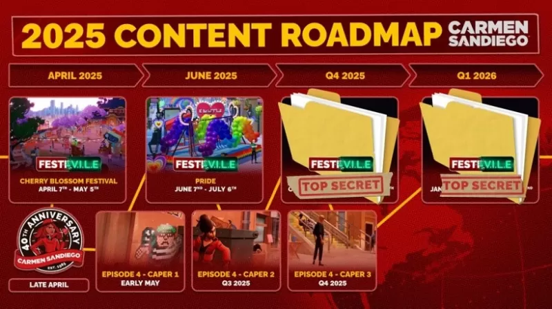 Carmen Sandiego game roadmap featuring upcoming cases