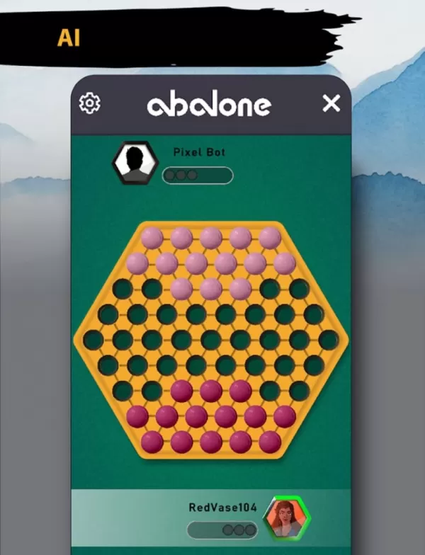 Uma captura de tela de um jogo de abalone em andamento, com um quadro hexagonal e bolinhas brancas vs pretas