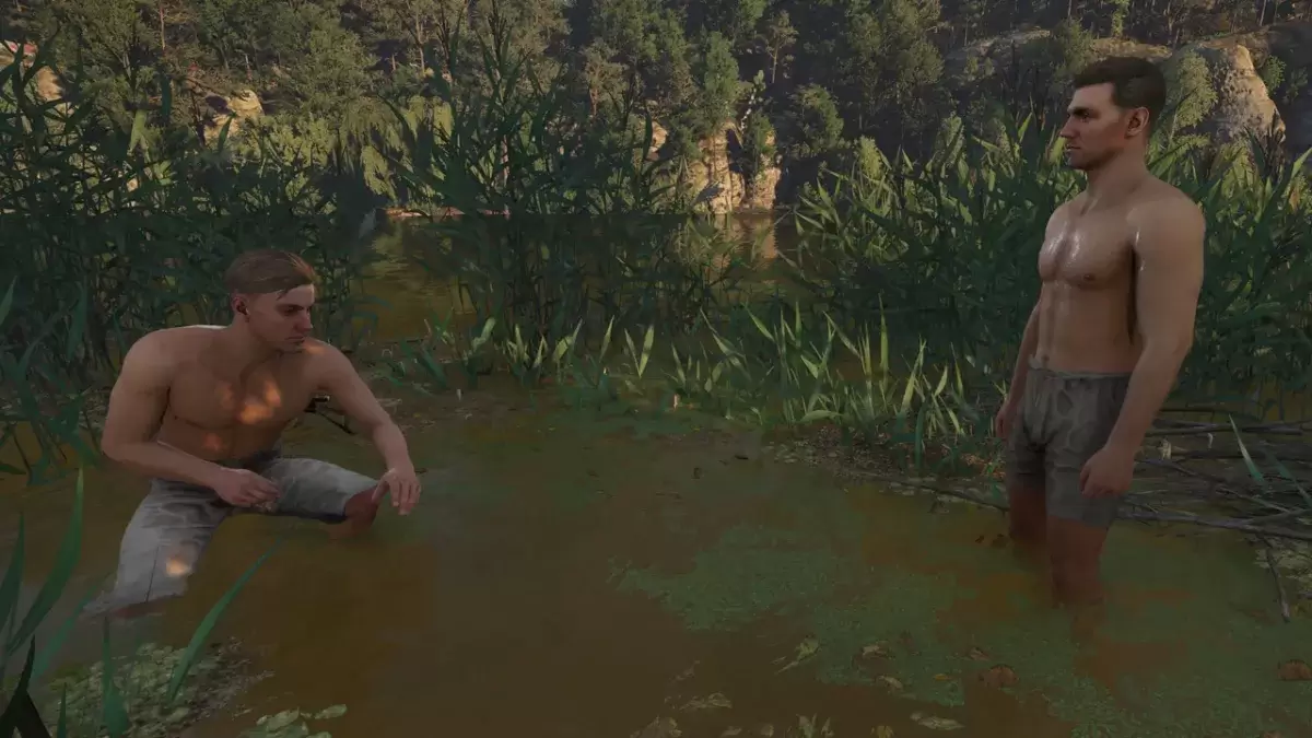 Hans dan Henry di Kerajaan Come: Deliverance 2, dengan Henry berjongkok di buluh, dan Henry berdiri, kedua -duanya di seluar mereka.