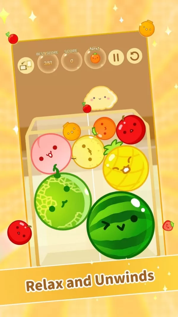  Suika Game gameplay showing fruit combinations and scoring